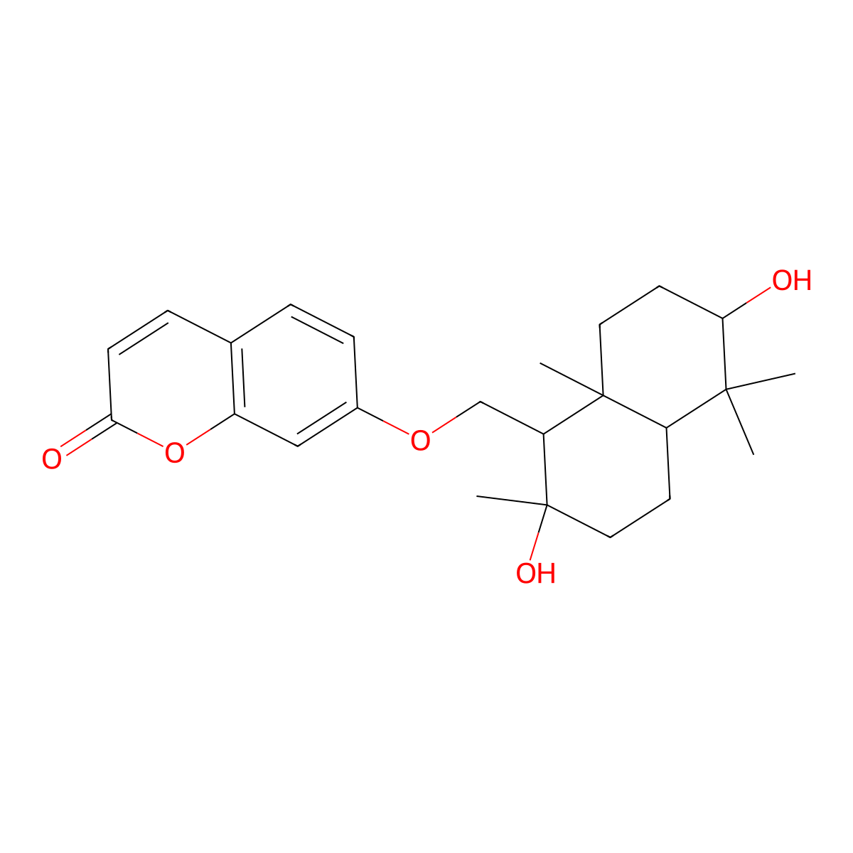 2H-1-Benzopyran-2-one, 7-[[(1R,2S,4aS,6S,8aR)-decahydro-2,6-dihydroxy-2,5,5,8a-tetramethyl-1-naphthalenyl]methoxy]- molecular structure, CAS 28699-16-3