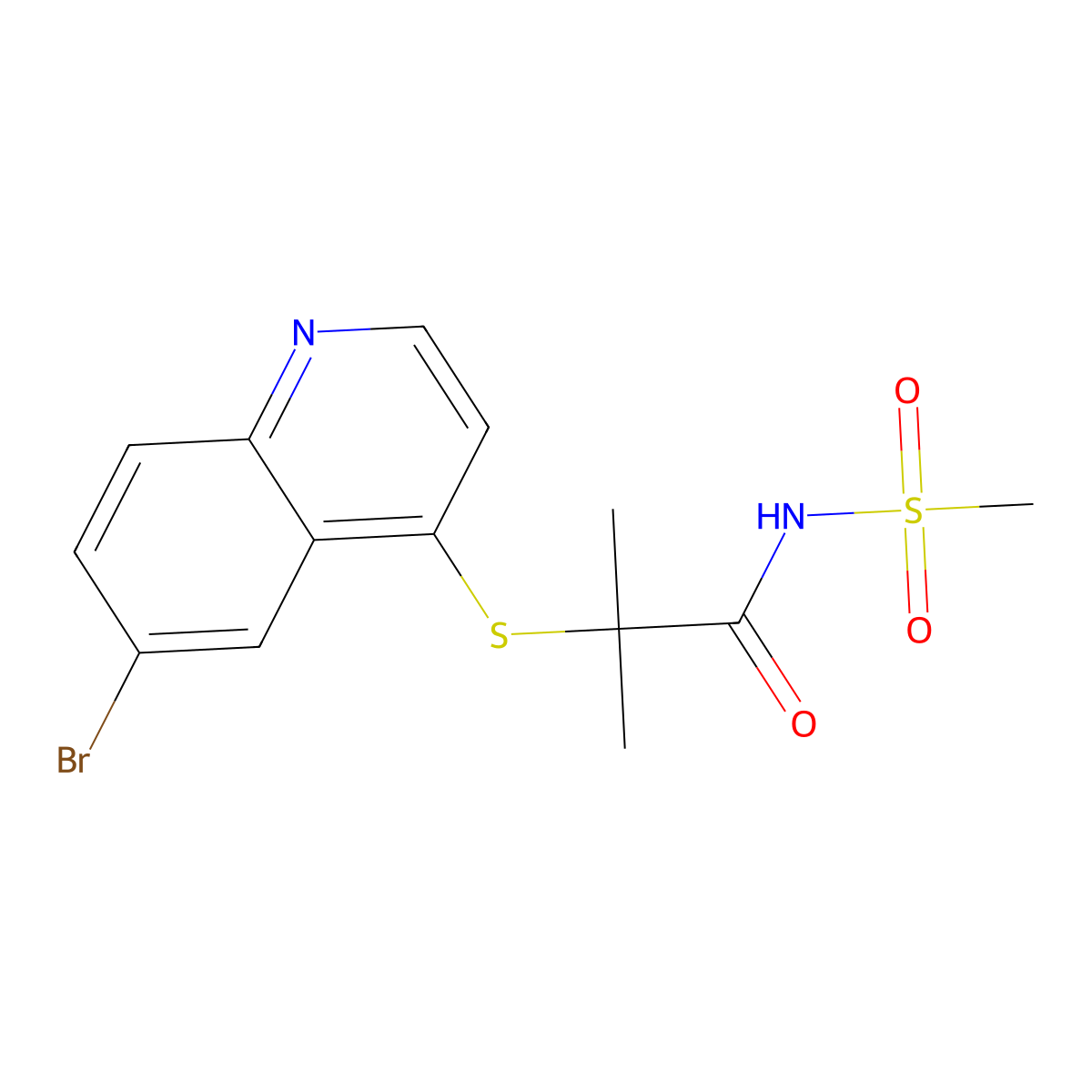 2-((6-Bromoquinolin-4-yl)thio)-2-methyl-N-(methylsulfonyl)propanamide molecular structure, CAS 2869950-90-1