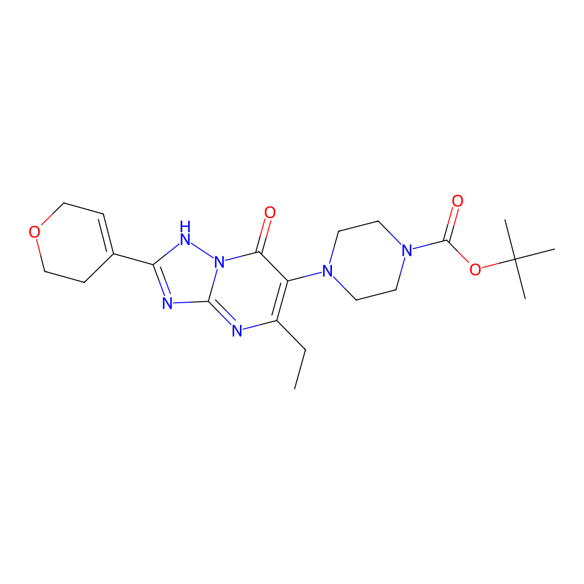6-(4-Boc-1-piperazinyl)-2-(3,6-dihydro-2H-pyran-4-yl)-5-ethyl-[1,2,4]triazolo[1,5-a]pyrimidin-7(4H)-one molecular structure, CAS 2869957-33-3
