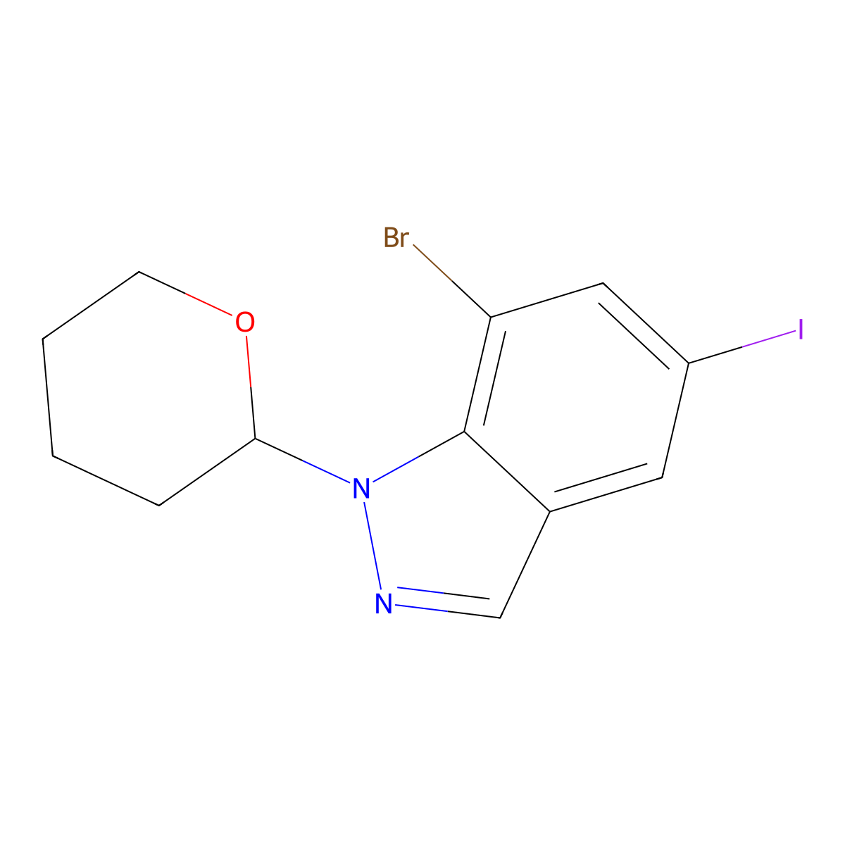 1H-Indazole, 7-bromo-5-iodo-1-(tetrahydro-2H-pyran-2-yl)- molecular structure, CAS 2870012-09-0