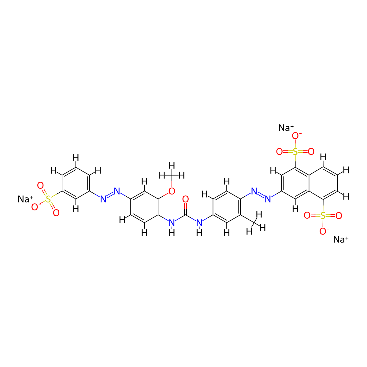 1,5-Naphthalenedisulfonic acid, 3-(2-(4-((((2-methoxy-4-(2-(3-sulfophenyl)diazenyl)phenyl)amino)carbonyl)amino)-2-methylphenyl)diazenyl)-, sodium salt (1:3) molecular structure, CAS 28706-19-6