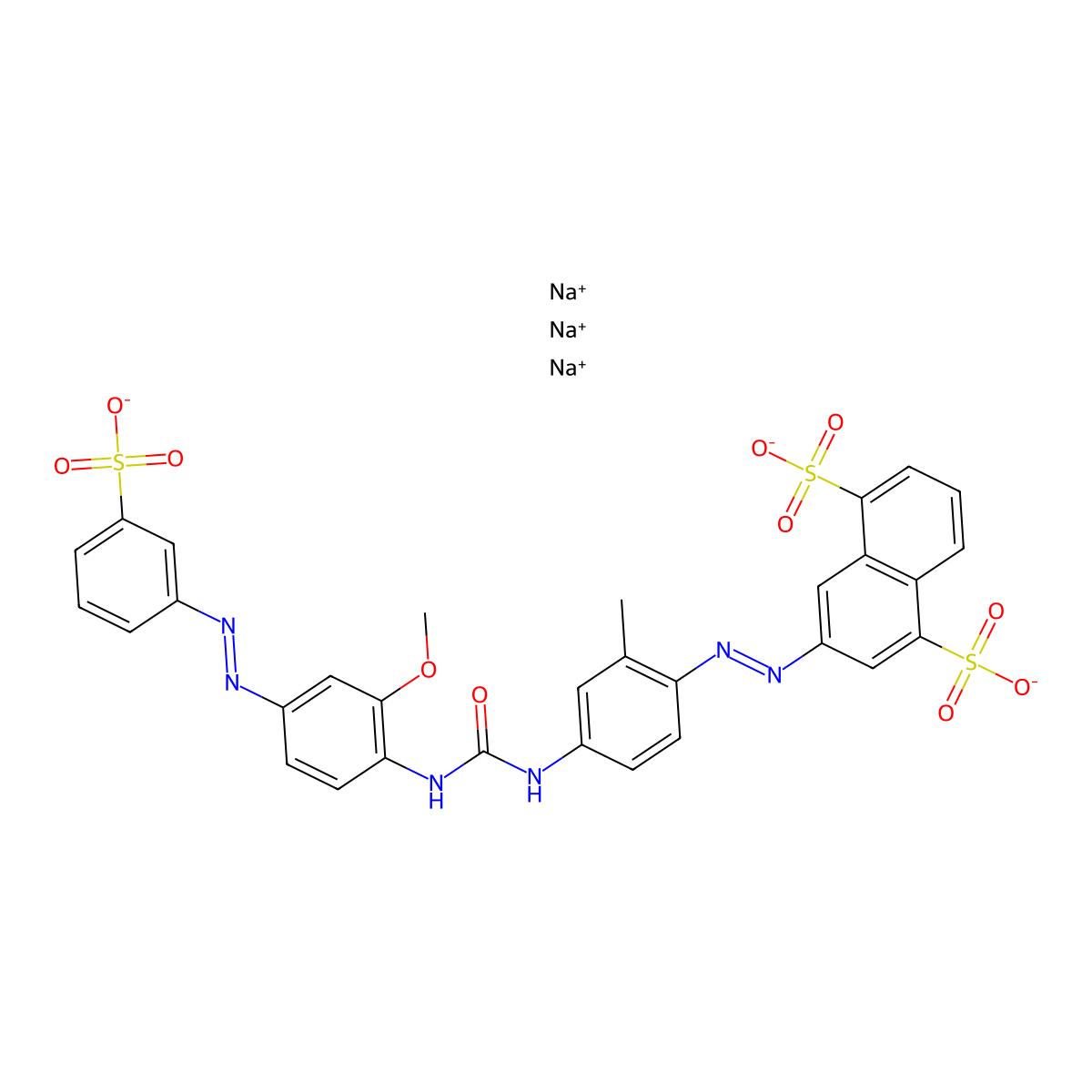 1,5-Naphthalenedisulfonic acid, 3-(2-(4-((((2-methoxy-4-(2-(3-sulfophenyl)diazenyl)phenyl)amino)carbonyl)amino)-2-methylphenyl)diazenyl)-, sodium salt (1:3) molecular structure, CAS 28706-19-6