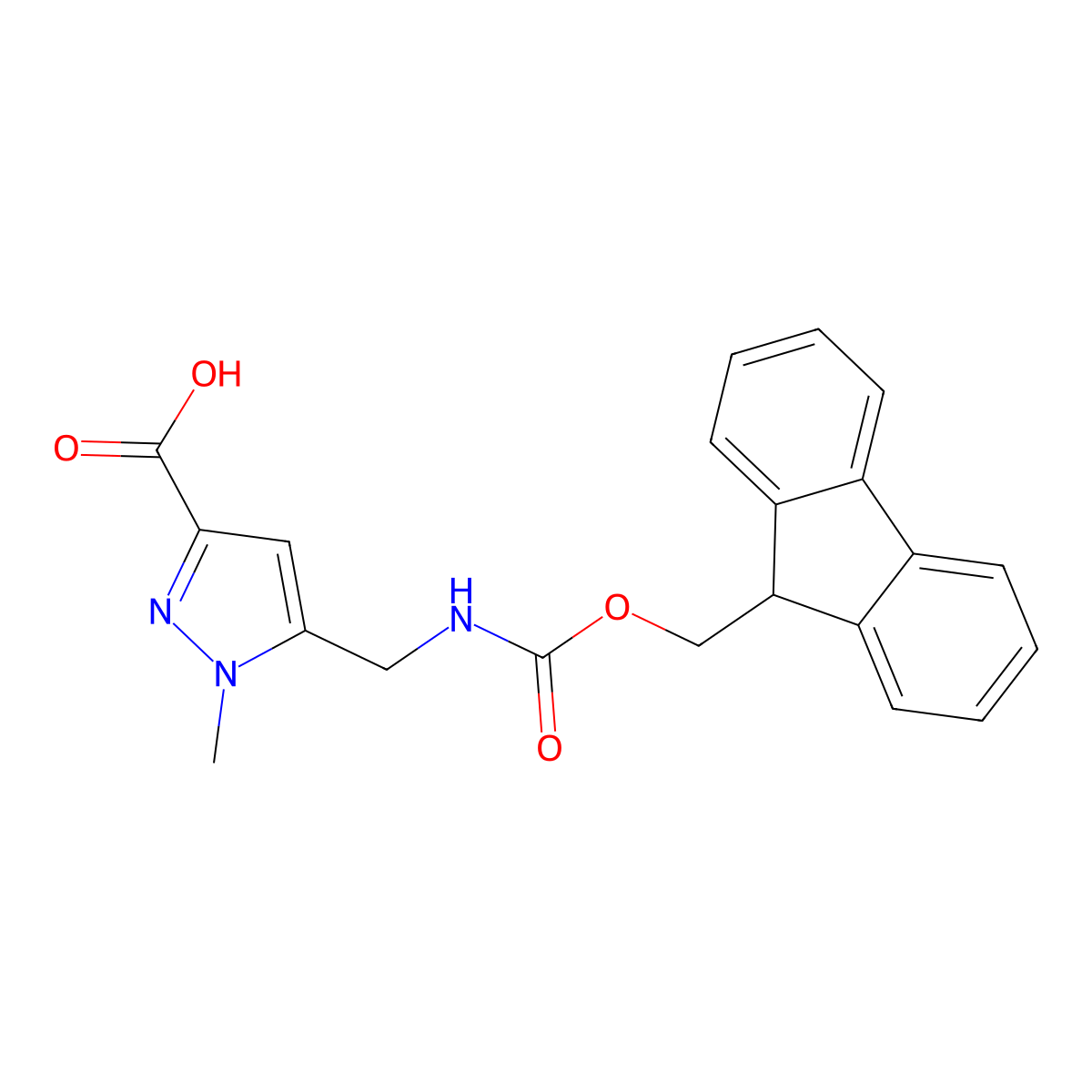 5-[({[(9H-fluoren-9-yl)methoxy]carbonyl}amino)methyl]-1-methyl-1H-pyrazole-3-carboxylic acid molecular structure, CAS 2870645-45-5