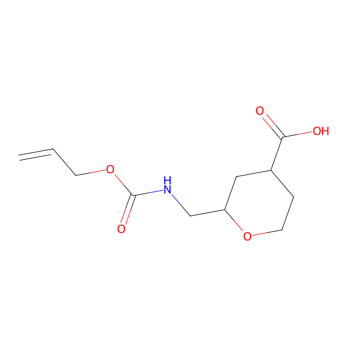 rac-(2R,4S)-2-({[(prop-2-en-1-yloxy)carbonyl]amino}methyl)oxane-4-carboxylic acid molecular structure, CAS 2870652-65-4