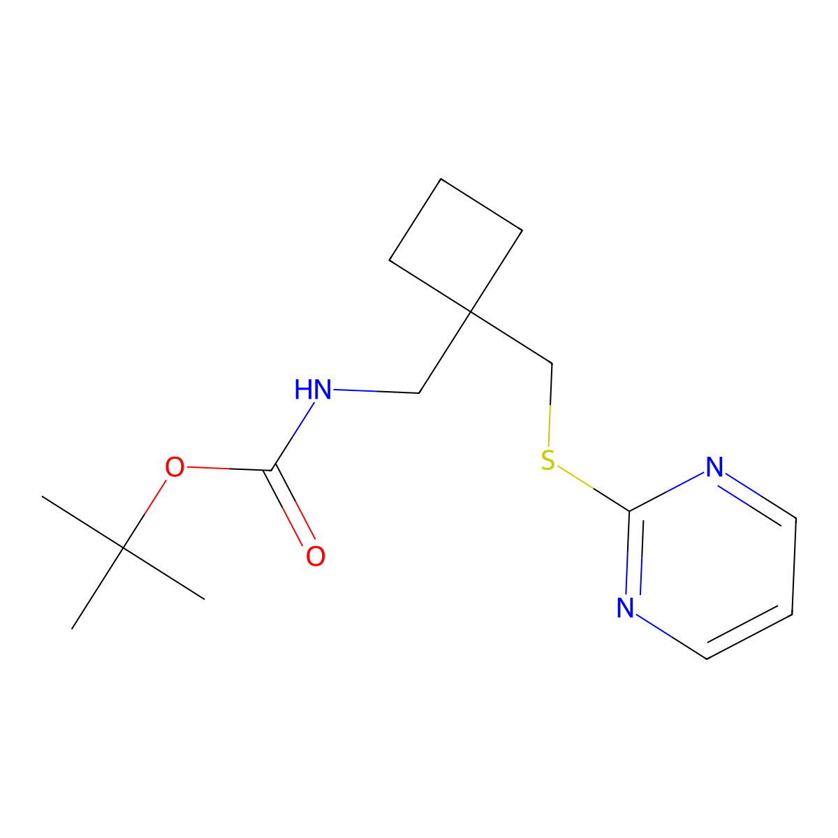 tert-butyl N-({1-[(pyrimidin-2-ylsulfanyl)methyl]cyclobutyl}methyl)carbamate molecular structure, CAS 2870652-78-9