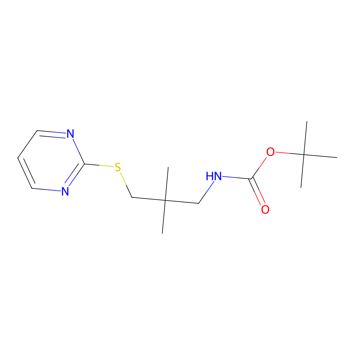 tert-butyl N-[2,2-dimethyl-3-(pyrimidin-2-ylsulfanyl)propyl]carbamate molecular structure, CAS 2870652-87-0