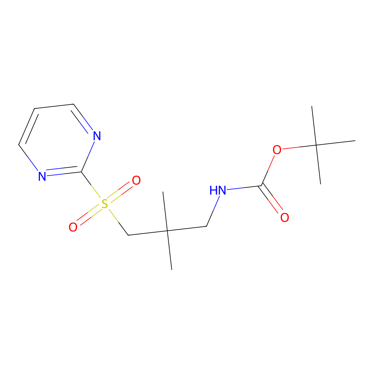 tert-butyl N-[2,2-dimethyl-3-(pyrimidine-2-sulfonyl)propyl]carbamate molecular structure, CAS 2870652-91-6