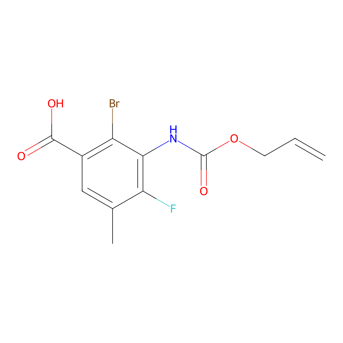 2-Bromo-4-fluoro-5-methyl-3-{[(prop-2-en-1-yloxy)carbonyl]amino}benzoic acid molecular structure, CAS 2870653-07-7