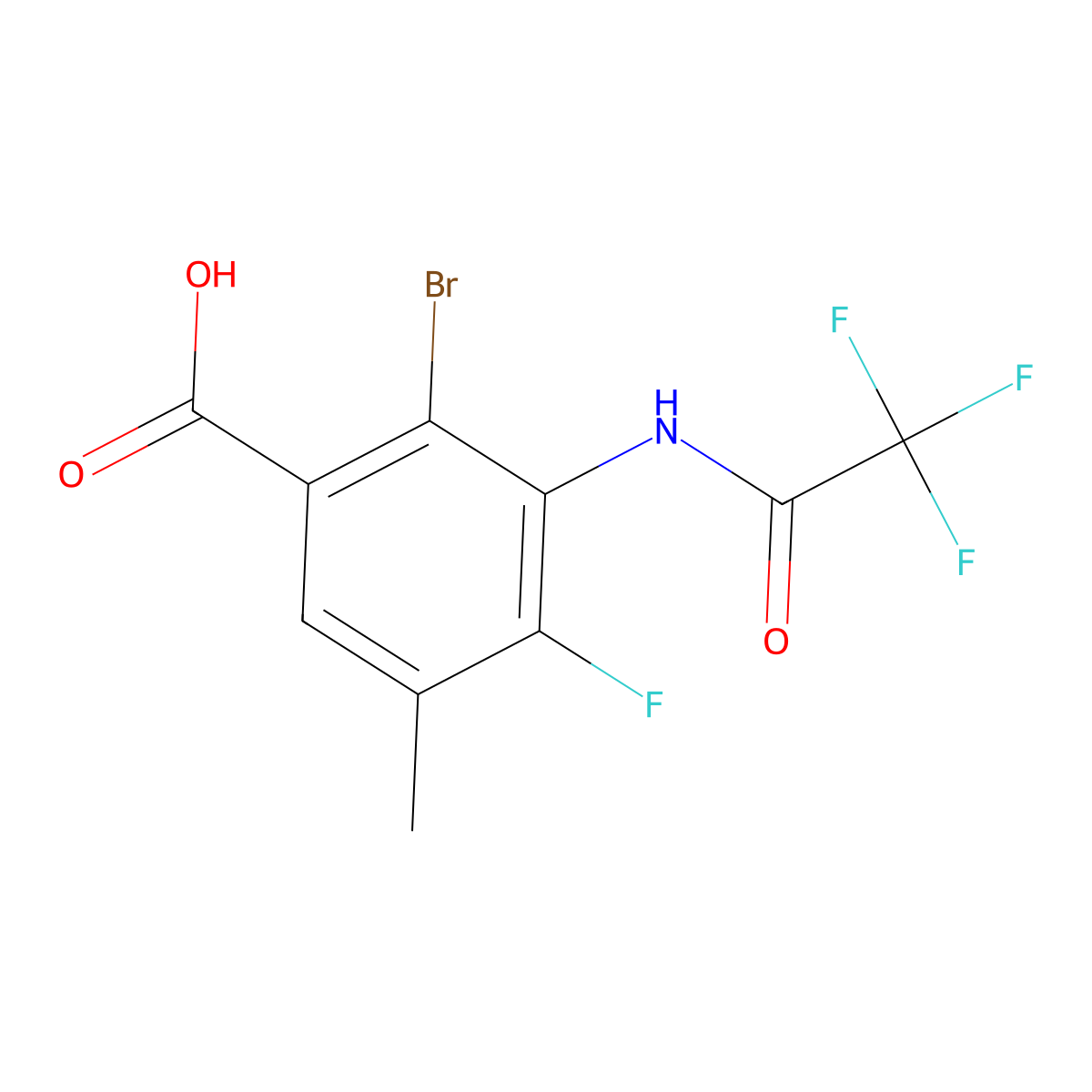 2-Bromo-4-fluoro-5-methyl-3-(2,2,2-trifluoroacetamido)benzoic acid molecular structure, CAS 2870653-35-1