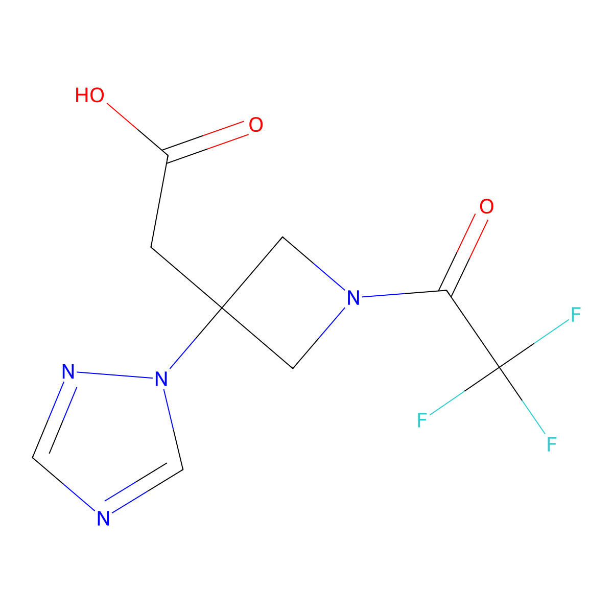 2-[3-(1H-1,2,4-triazol-1-yl)-1-(2,2,2-trifluoroacetyl)azetidin-3-yl]acetic acid molecular structure, CAS 2870659-34-8