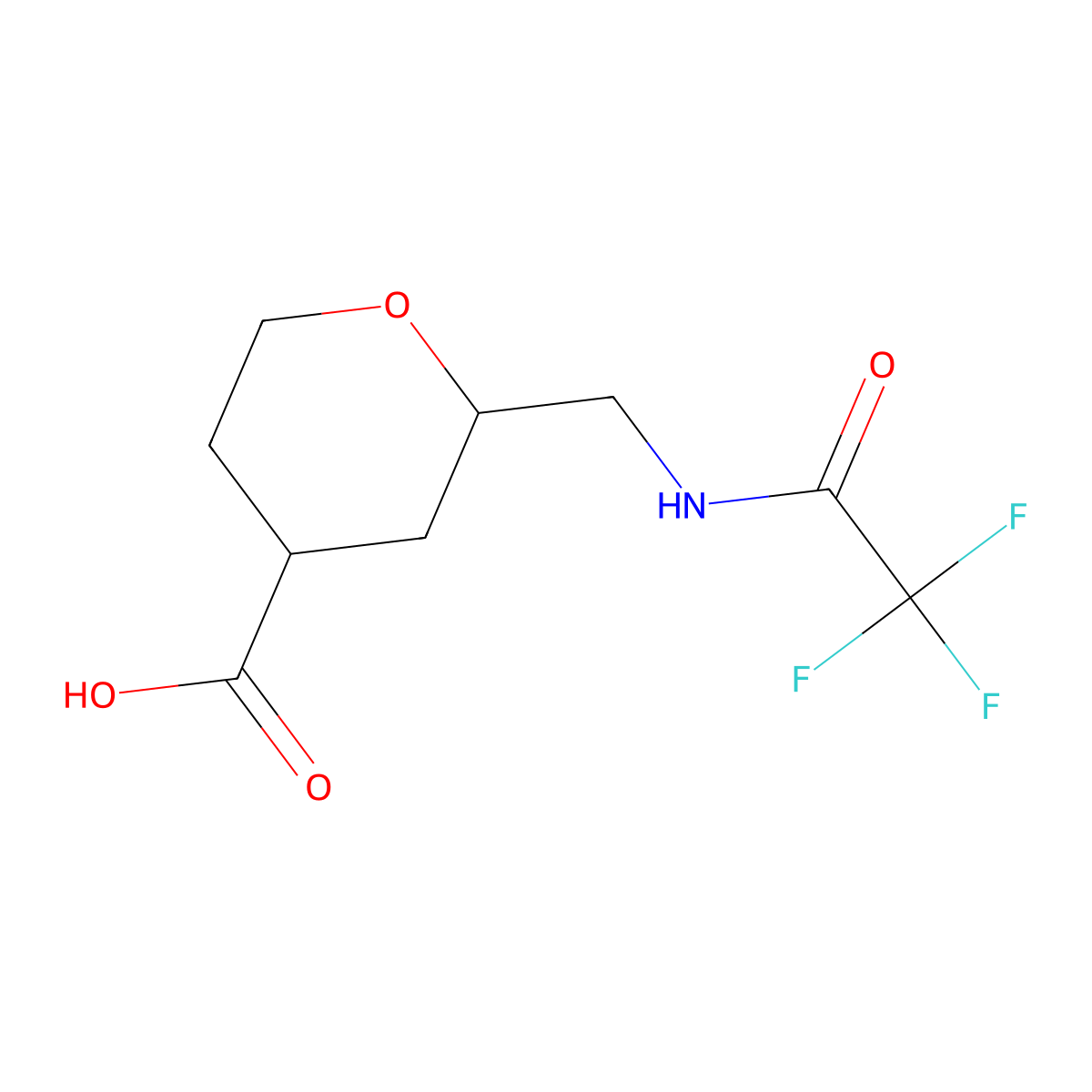 rac-(2R,4S)-2-[(2,2,2-trifluoroacetamido)methyl]oxane-4-carboxylic acid molecular structure, CAS 2870659-82-6