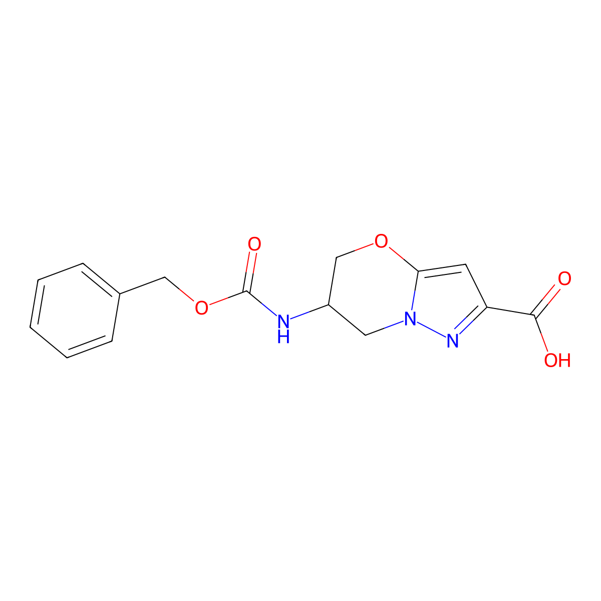 6-{[(benzyloxy)carbonyl]amino}-5H,6H,7H-pyrazolo[3,2-b][1,3]oxazine-2-carboxylic acid molecular structure, CAS 2870659-88-2