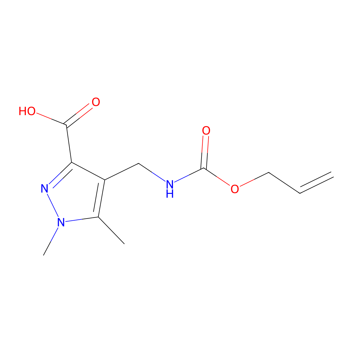 1,5-dimethyl-4-({[(prop-2-en-1-yloxy)carbonyl]amino}methyl)-1H-pyrazole-3-carboxylic acid molecular structure, CAS 2870660-18-5