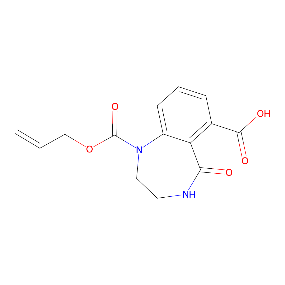 5-oxo-1-[(prop-2-en-1-yloxy)carbonyl]-2,3,4,5-tetrahydro-1H-1,4-benzodiazepine-6-carboxylic acid molecular structure, CAS 2870660-34-5