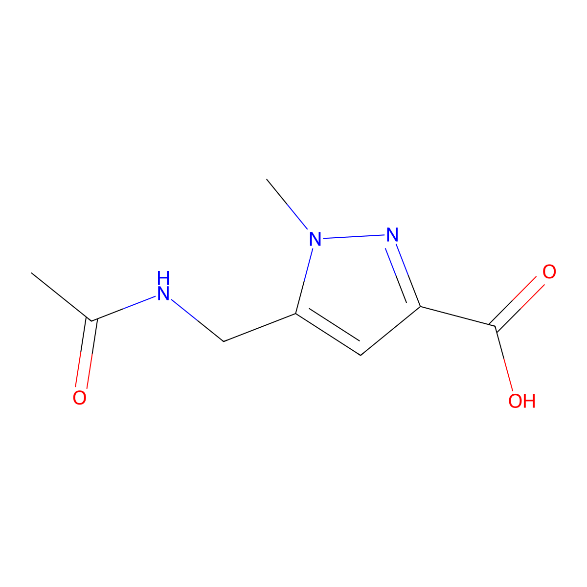 5-(acetamidomethyl)-1-methyl-1H-pyrazole-3-carboxylic acid molecular structure, CAS 2870660-56-1