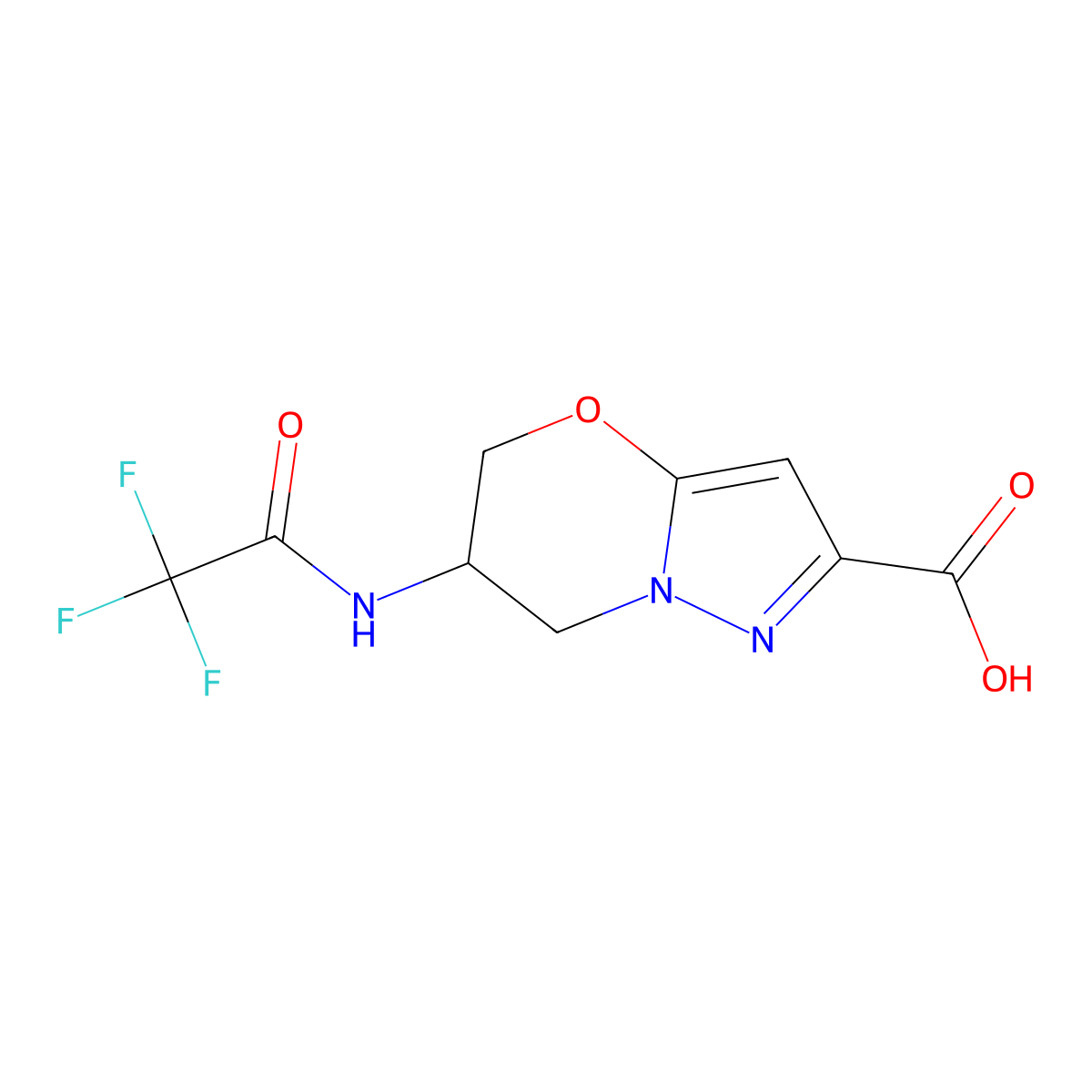 6-(2,2,2-trifluoroacetamido)-5H,6H,7H-pyrazolo[3,2-b][1,3]oxazine-2-carboxylic acid molecular structure, CAS 2870660-63-0