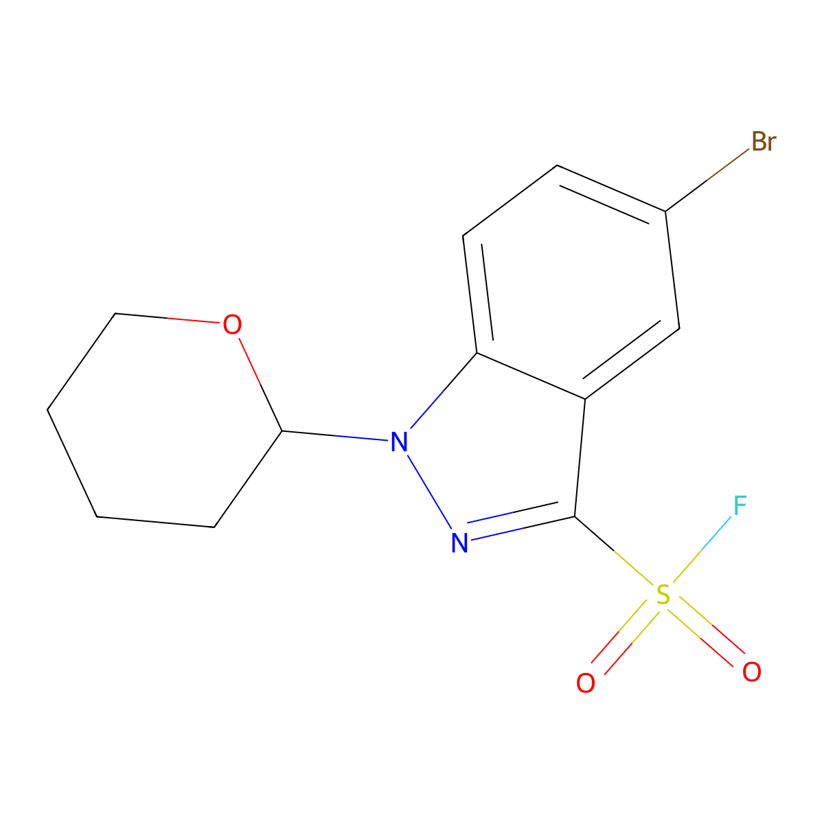 5-bromo-1-(oxan-2-yl)-1H-indazole-3-sulfonyl fluoride molecular structure, CAS 2870666-94-5