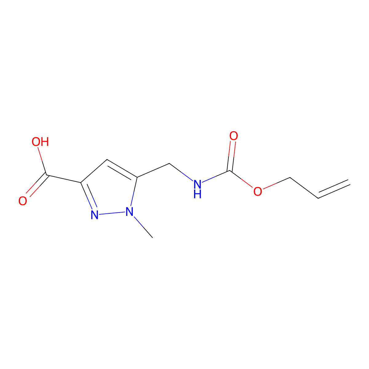1-methyl-5-({[(prop-2-en-1-yloxy)carbonyl]amino}methyl)-1H-pyrazole-3-carboxylic acid molecular structure, CAS 2870668-04-3