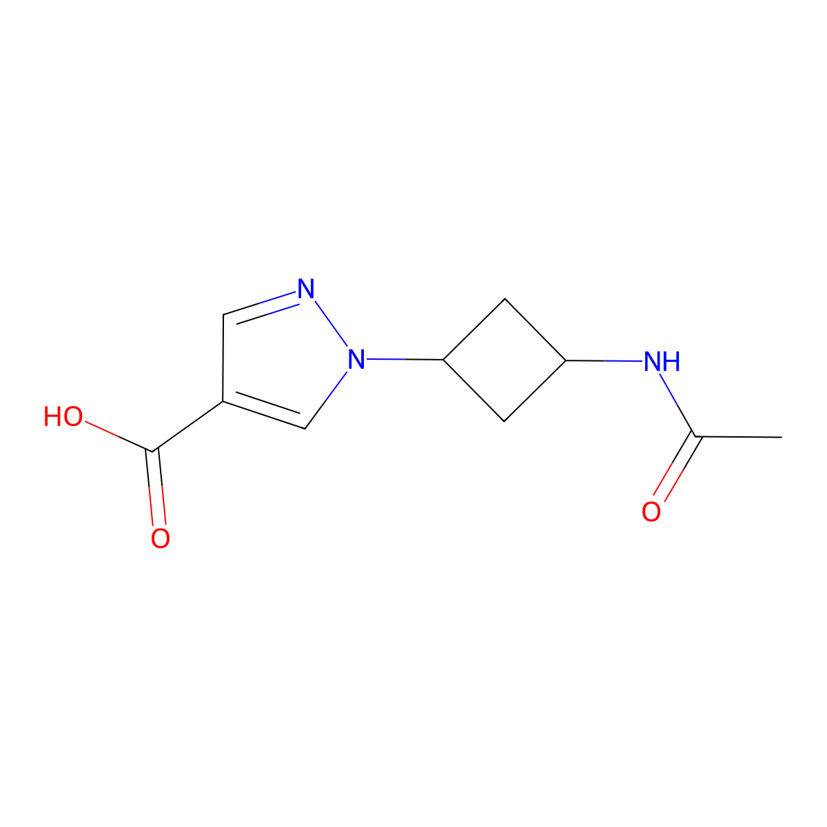 1-(3-acetamidocyclobutyl)-1H-pyrazole-4-carboxylic acid molecular structure, CAS 2870673-27-9