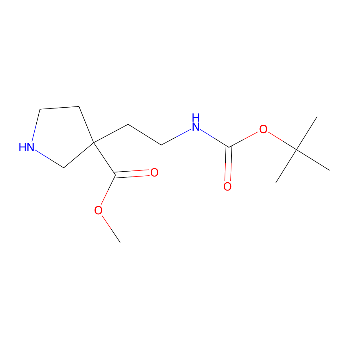 Methyl 3-(2-{[(tert-butoxy)carbonyl]amino}ethyl)pyrrolidine-3-carboxylate molecular structure, CAS 2870673-57-5