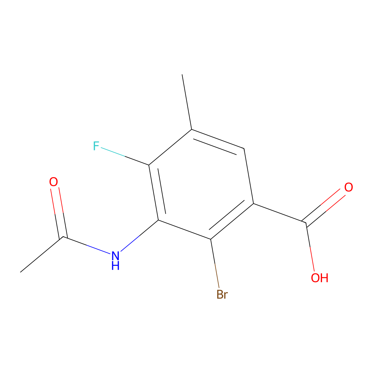 2-Bromo-3-acetamido-4-fluoro-5-methylbenzoic acid molecular structure, CAS 2870673-71-3
