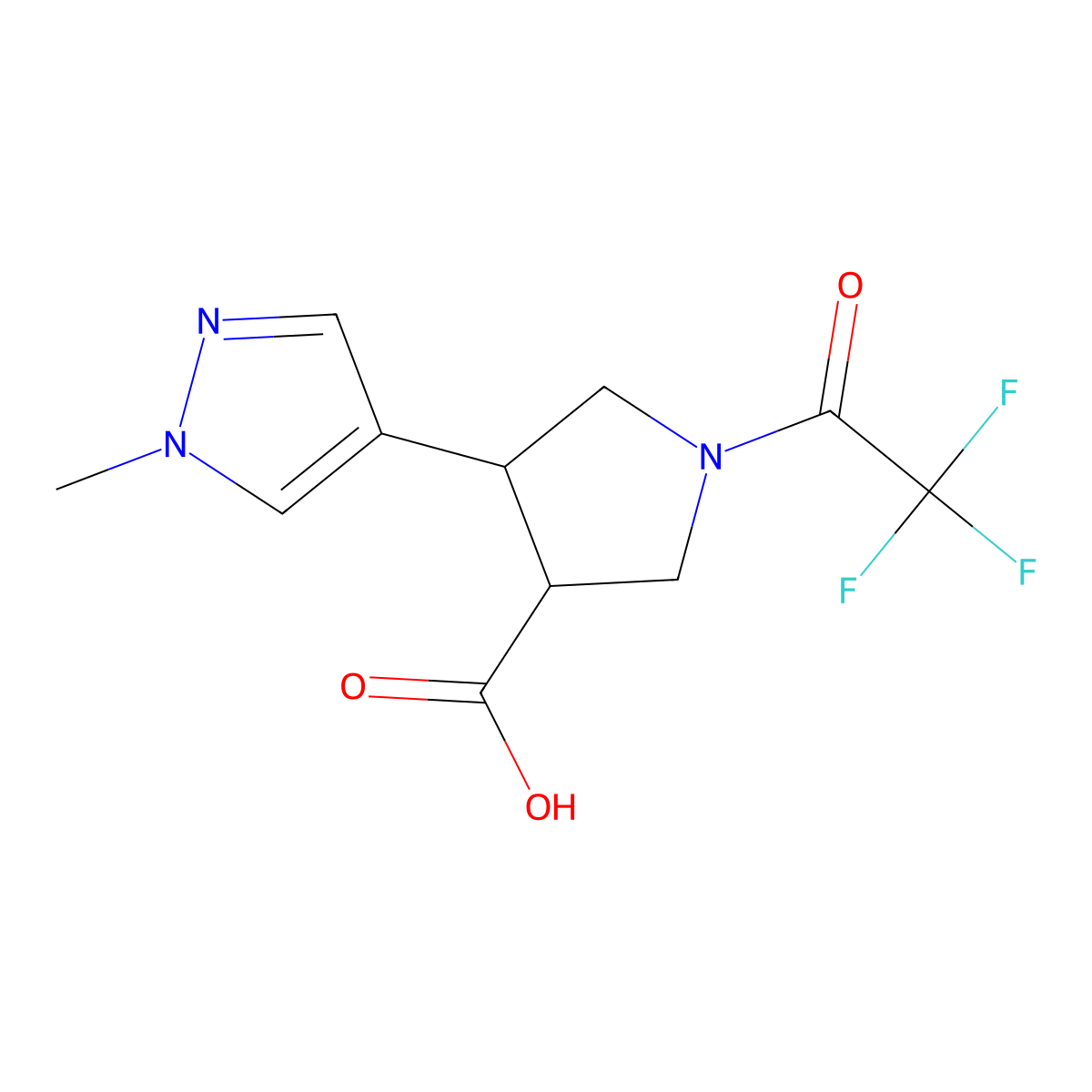 rac-(3R,4S)-4-(1-methyl-1H-pyrazol-4-yl)-1-(2,2,2-trifluoroacetyl)pyrrolidine-3-carboxylic acid molecular structure, CAS 2870673-75-7
