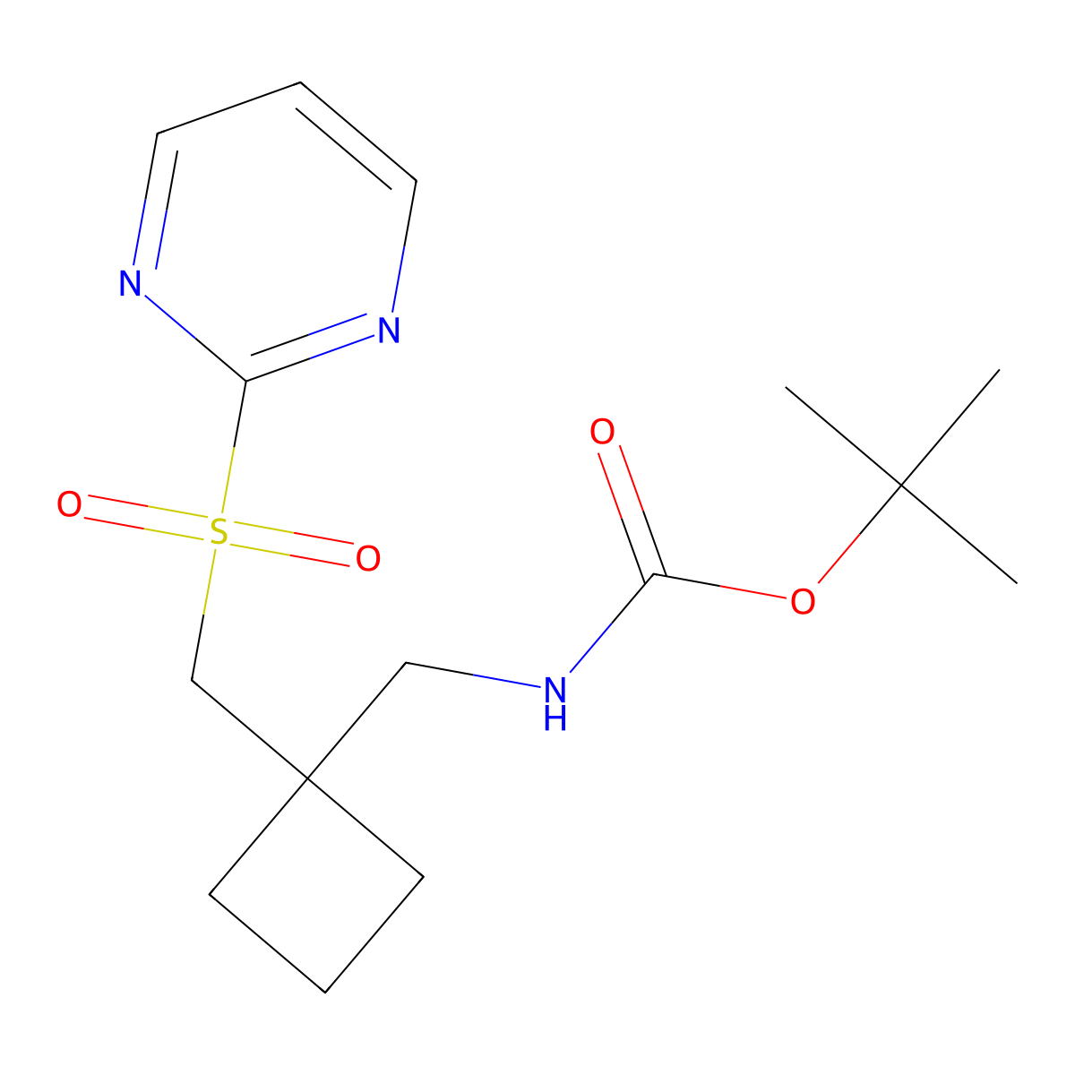 tert-butyl N-({1-[(pyrimidine-2-sulfonyl)methyl]cyclobutyl}methyl)carbamate molecular structure, CAS 2870674-05-6
