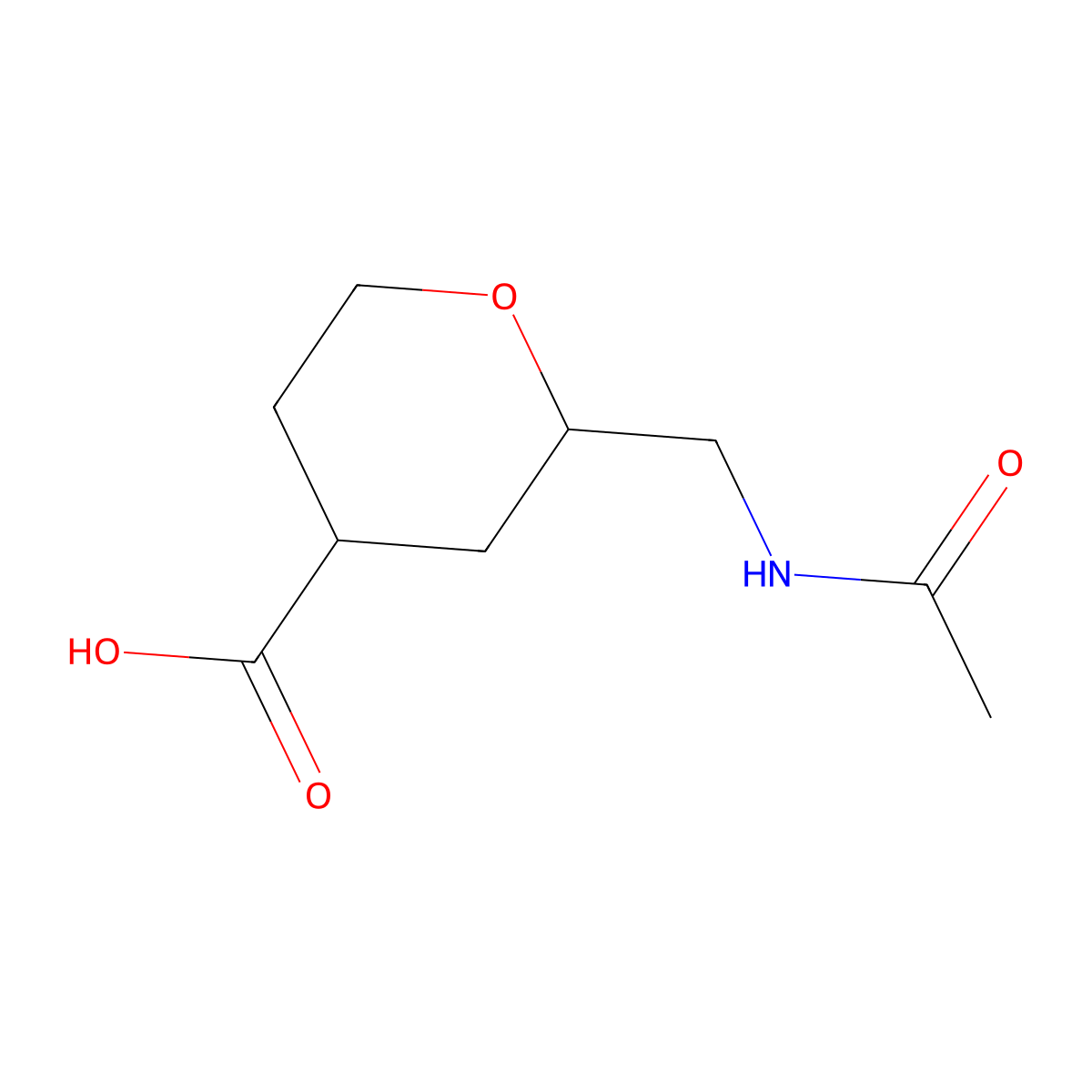 rac-(2R,4S)-2-(acetamidomethyl)oxane-4-carboxylic acid molecular structure, CAS 2870681-23-3