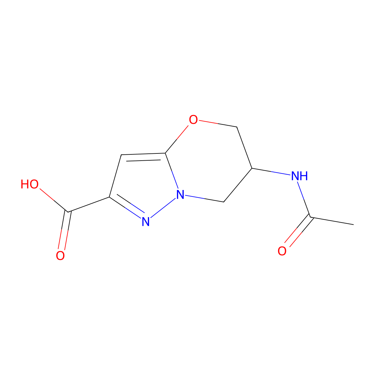 6-acetamido-5H,6H,7H-pyrazolo[3,2-b][1,3]oxazine-2-carboxylic acid molecular structure, CAS 2870681-33-5