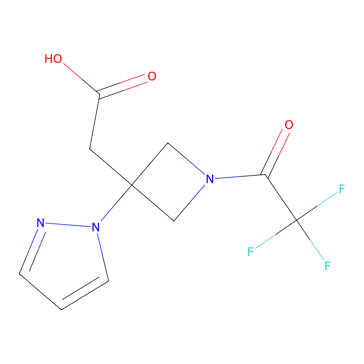 2-[3-(1H-pyrazol-1-yl)-1-(2,2,2-trifluoroacetyl)azetidin-3-yl]acetic acid molecular structure, CAS 2870681-44-8
