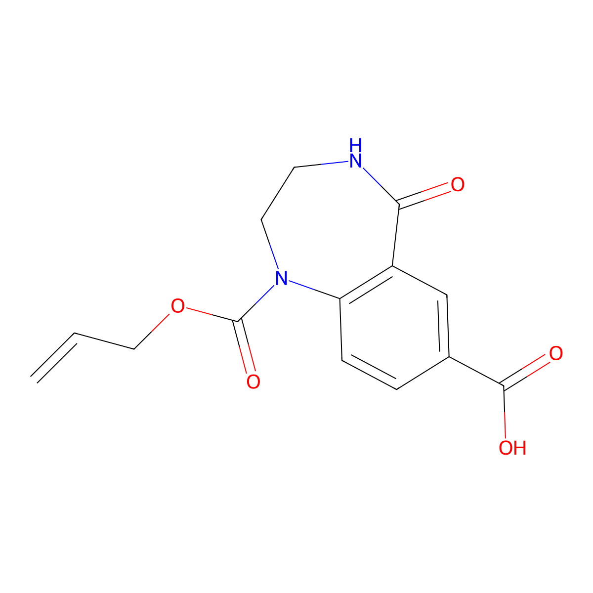 5-oxo-1-[(prop-2-en-1-yloxy)carbonyl]-2,3,4,5-tetrahydro-1H-1,4-benzodiazepine-7-carboxylic acid molecular structure, CAS 2870681-69-7