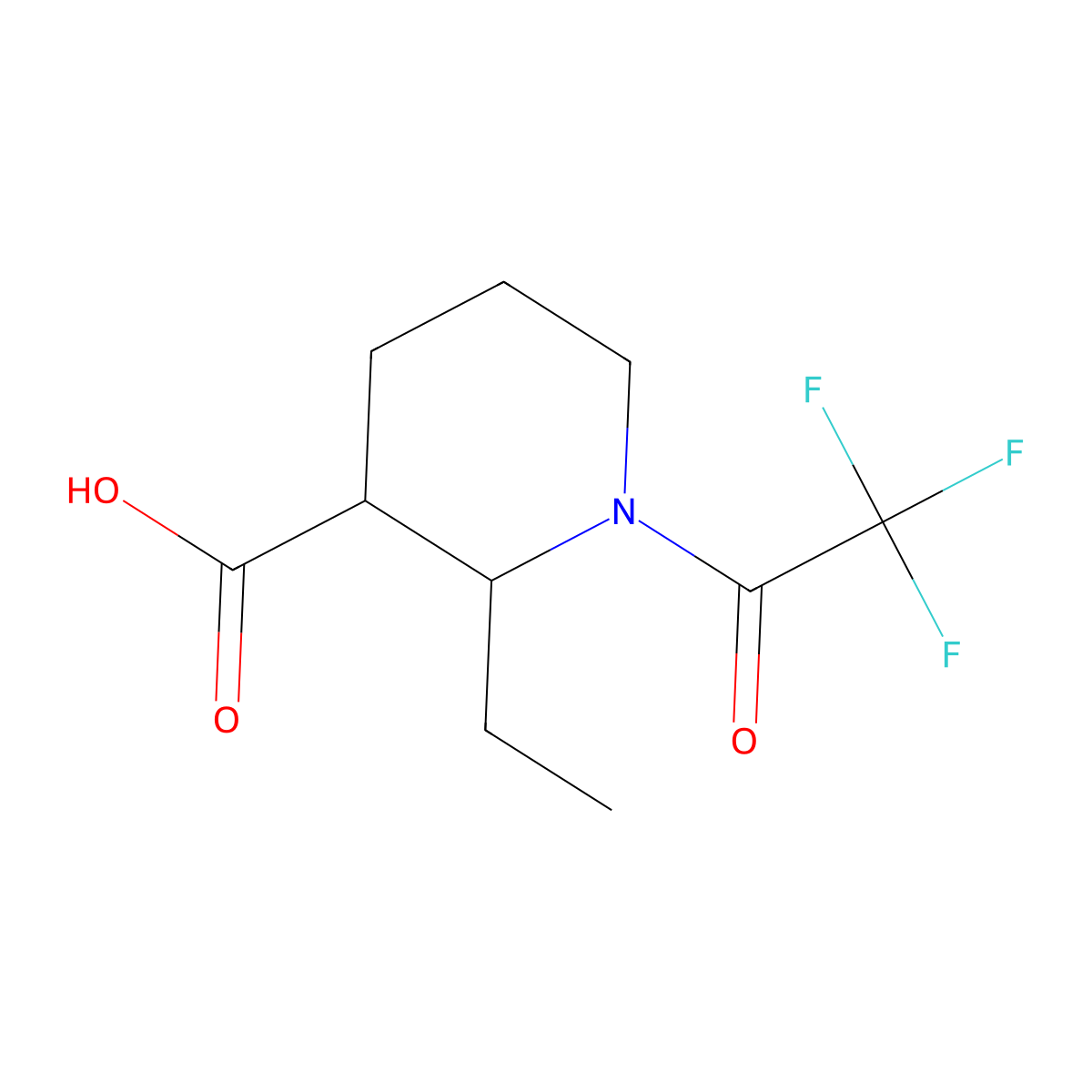 rac-(2R,3R)-2-ethyl-1-(2,2,2-trifluoroacetyl)piperidine-3-carboxylic acid molecular structure, CAS 2870681-92-6