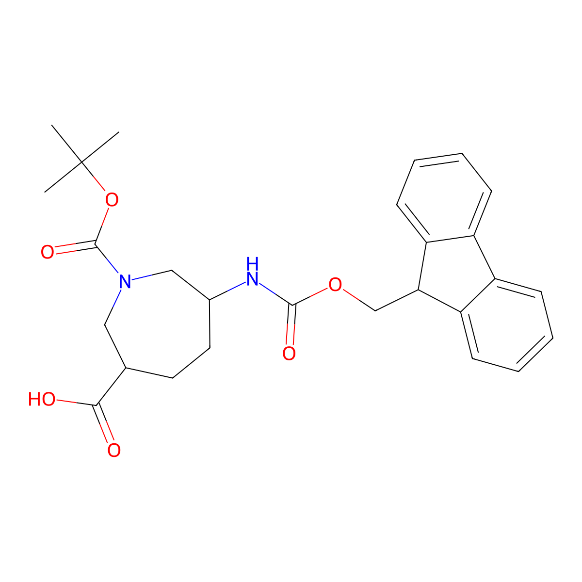rac-(3R,6R)-1-[(tert-butoxy)carbonyl]-6-({[(9H-fluoren-9-yl)methoxy]carbonyl}amino)azepane-3-carboxylic acid molecular structure, CAS 2870682-02-1