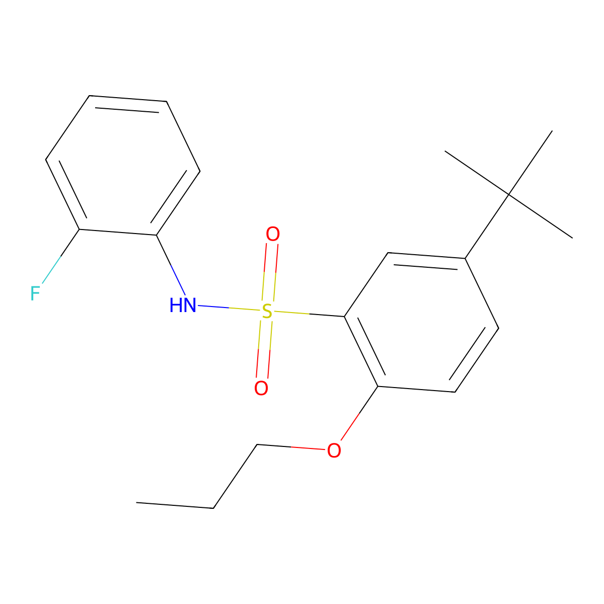 5-tert-butyl-N-(2-fluorophenyl)-2-propoxybenzene-1-sulfonamide molecular structure, CAS 2870824-12-5