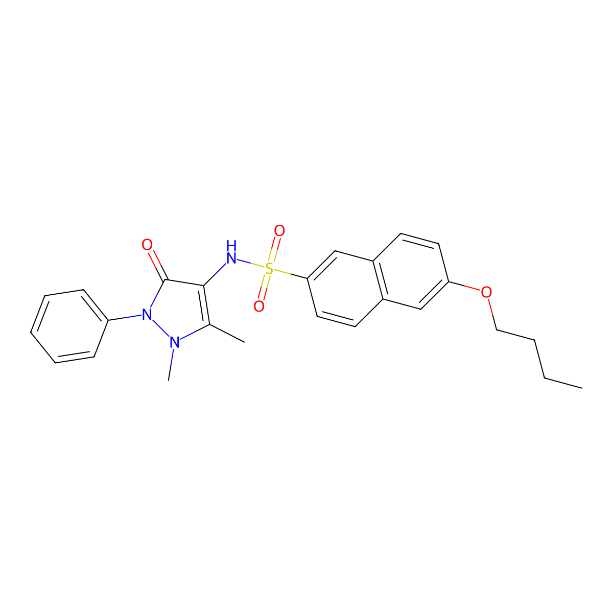 6-butoxy-N-(1,5-dimethyl-3-oxo-2-phenyl-2,3-dihydro-1H-pyrazol-4-yl)naphthalene-2-sulfonamide molecular structure, CAS 2870958-76-0