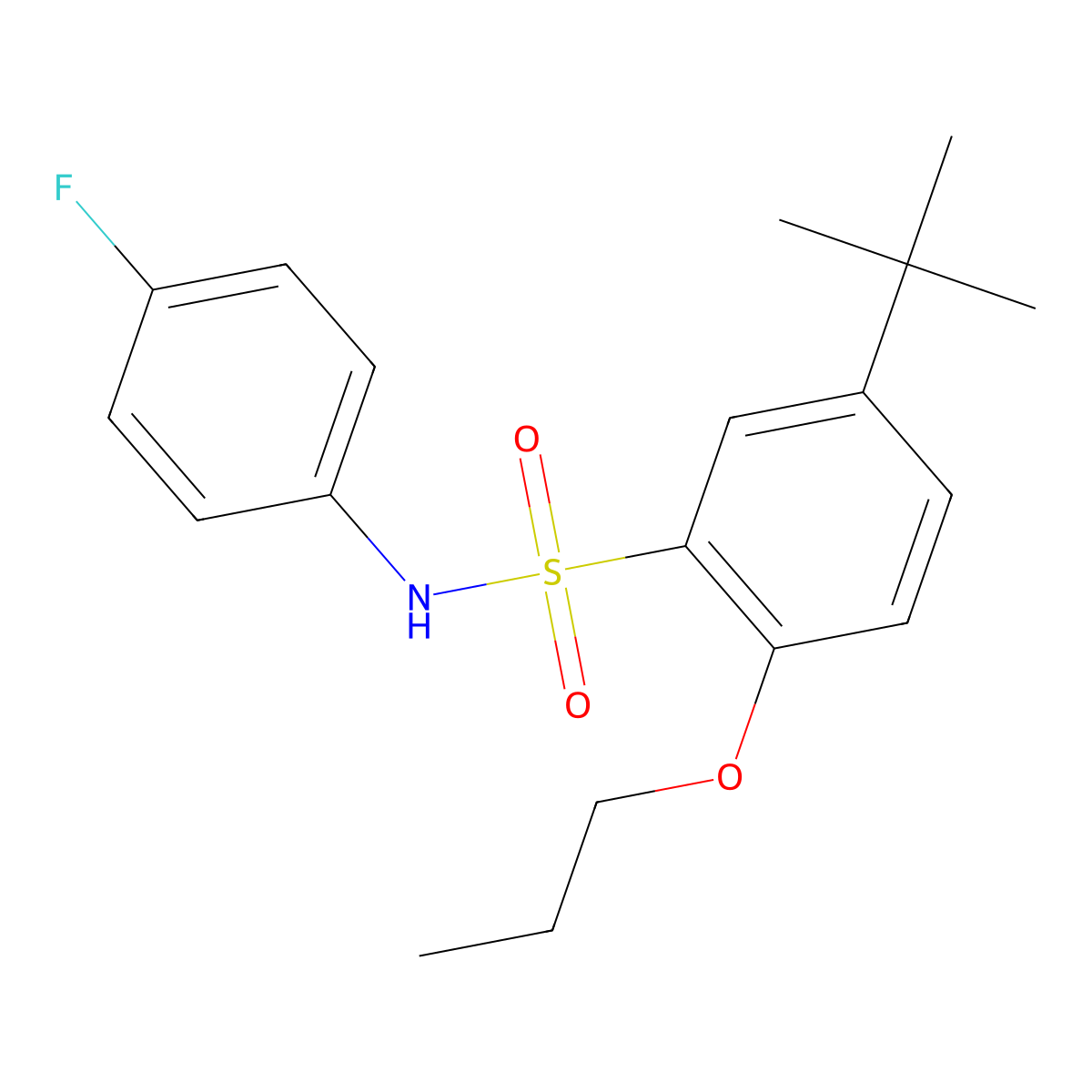 5-tert-butyl-N-(4-fluorophenyl)-2-propoxybenzene-1-sulfonamide molecular structure, CAS 2871031-47-7