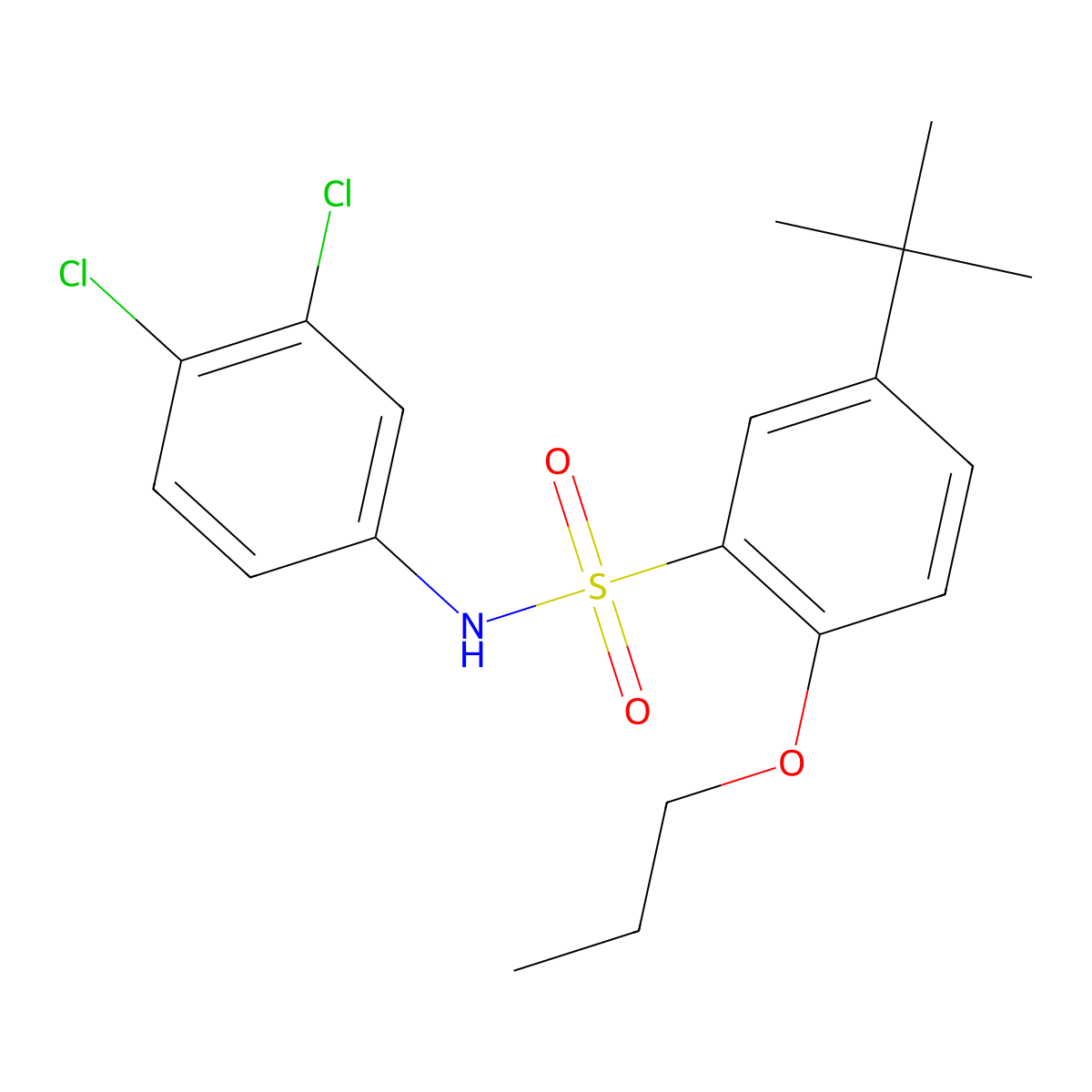 5-tert-butyl-N-(3,4-dichlorophenyl)-2-propoxybenzene-1-sulfonamide molecular structure, CAS 2871090-00-3