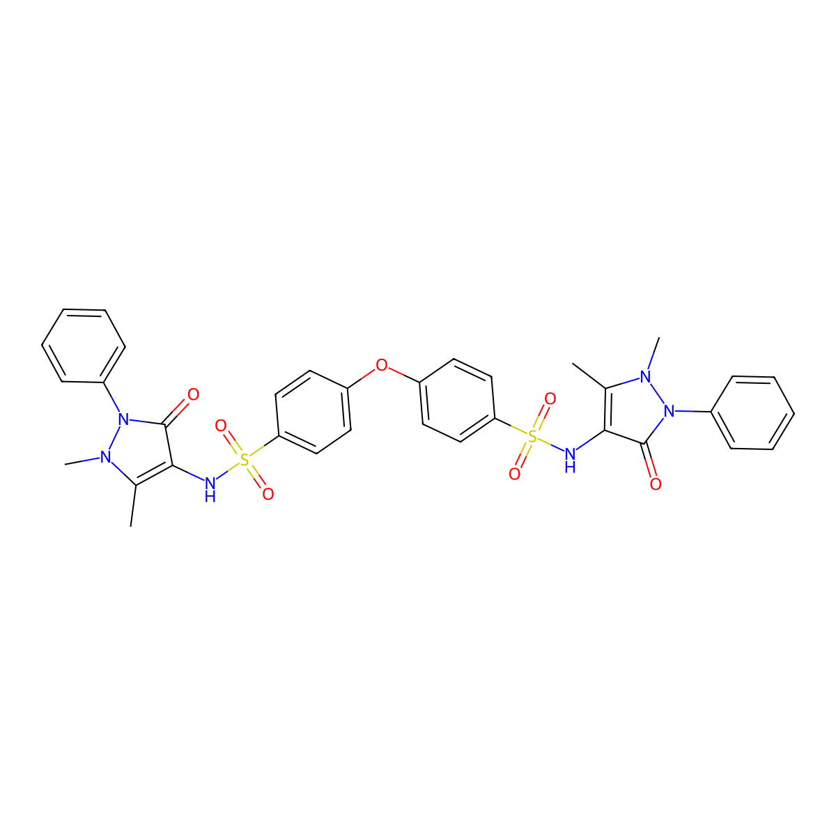N-(1,5-dimethyl-3-oxo-2-phenyl-2,3-dihydro-1H-pyrazol-4-yl)-4-{4-[(1,5-dimethyl-3-oxo-2-phenyl-2,3-dihydro-1H-pyrazol-4-yl)sulfamoyl]phenoxy}benzene-1-sulfonamide molecular structure, CAS 2871091-37-9