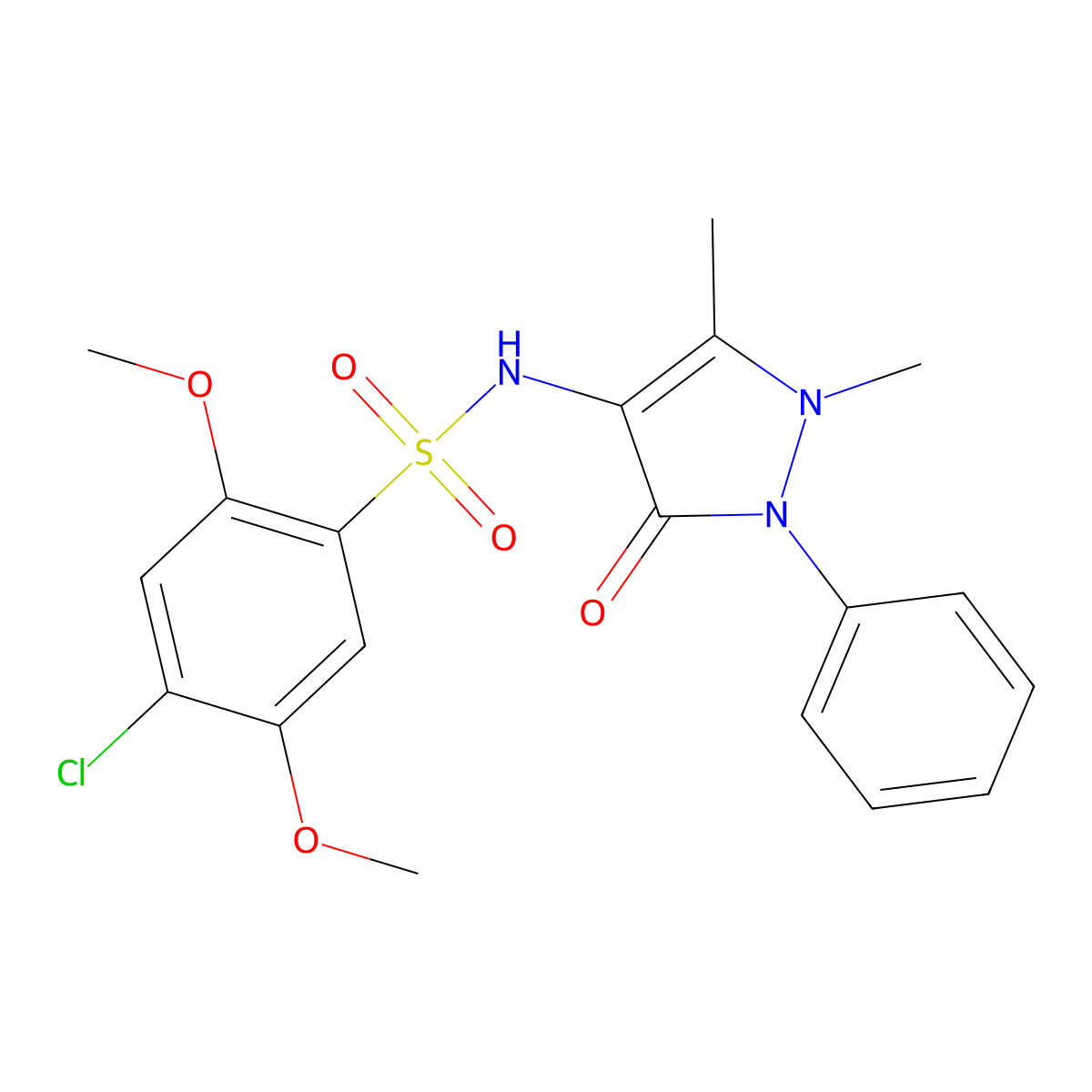 4-chloro-N-(1,5-dimethyl-3-oxo-2-phenyl-2,3-dihydro-1H-pyrazol-4-yl)-2,5-dimethoxybenzene-1-sulfonamide molecular structure, CAS 2871094-33-4