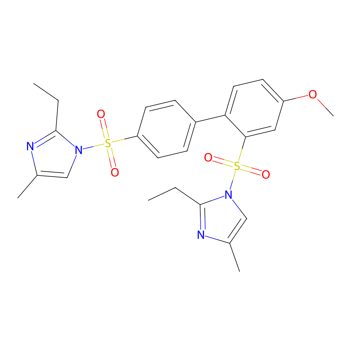 2-ethyl-1-({4'-[(2-ethyl-4-methyl-1H-imidazol-1-yl)sulfonyl]-4-methoxy-[1,1'-biphenyl]-2-yl}sulfonyl)-4-methyl-1H-imidazole molecular structure, CAS 2871096-48-7