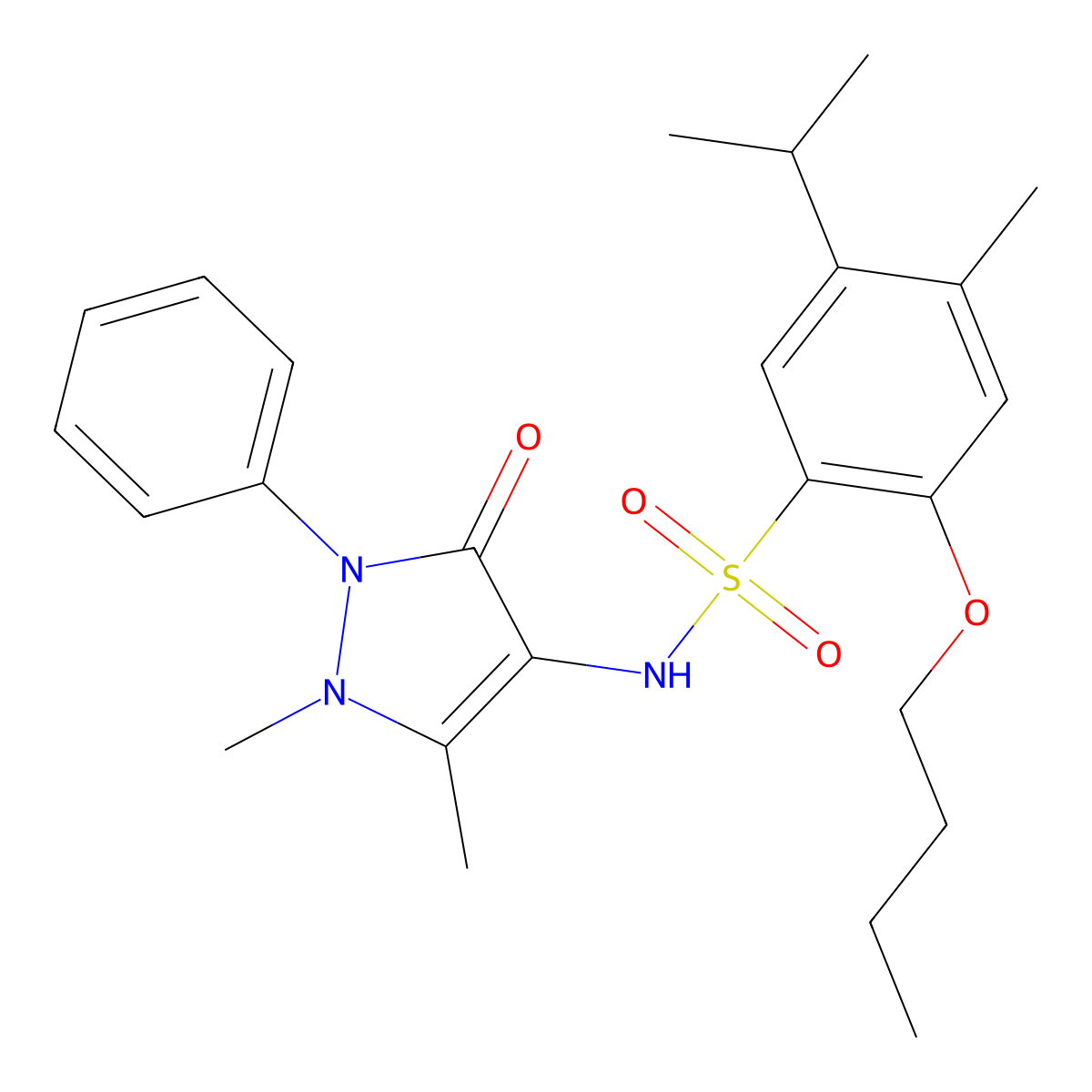 2-butoxy-N-(1,5-dimethyl-3-oxo-2-phenyl-2,3-dihydro-1H-pyrazol-4-yl)-4-methyl-5-(propan-2-yl)benzene-1-sulfonamide molecular structure, CAS 2871118-08-8
