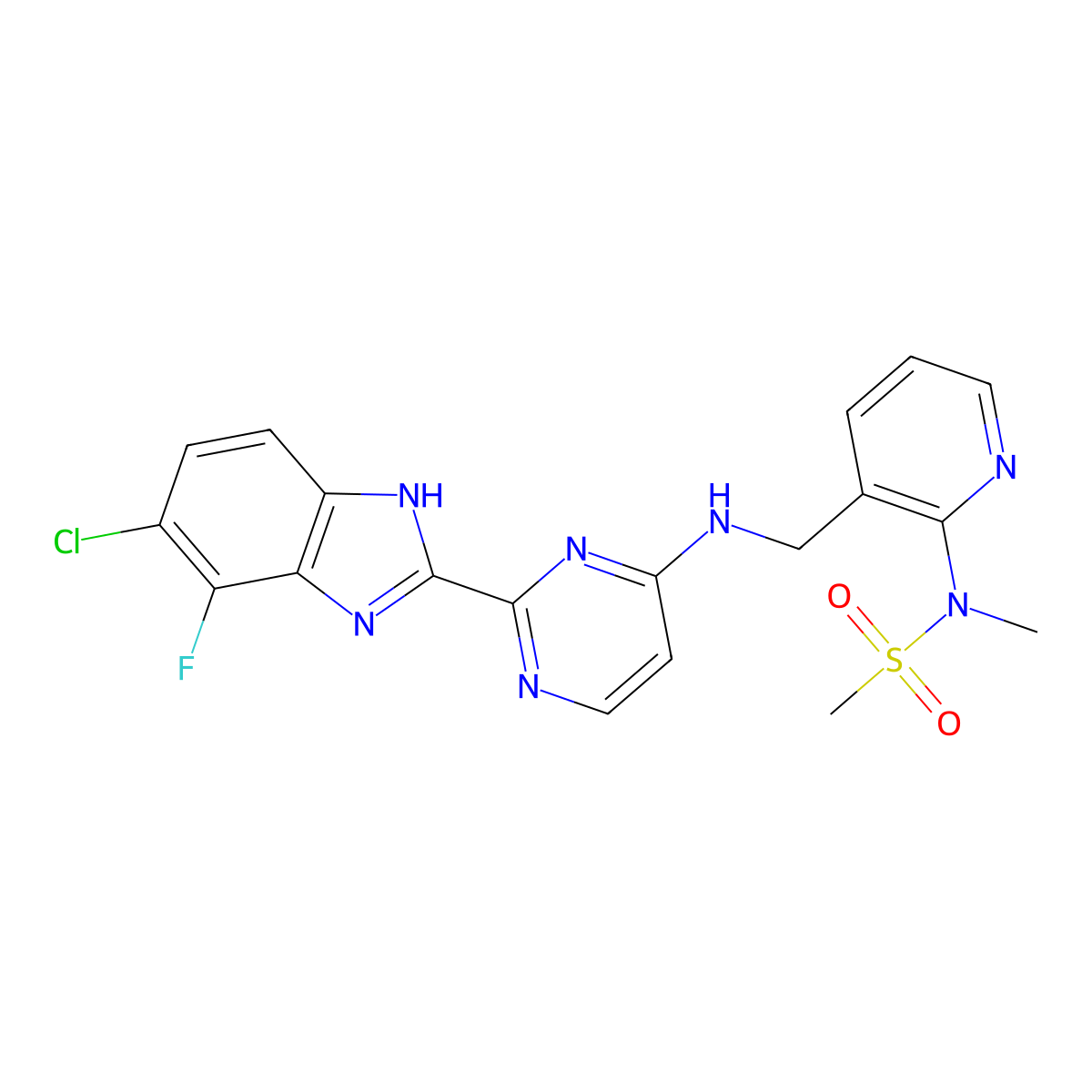 N-(3-(((2-(6-Chloro-7-fluoro-1H-benzo[d]imidazol-2-yl)pyrimidin-4-yl)amino)methyl)pyridin-2-yl)-N-methylmethanesulfonamide molecular structure, CAS 2871698-23-4