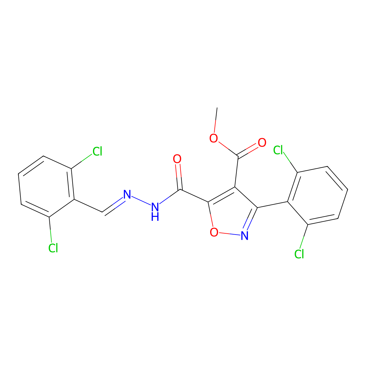 4,5-Isoxazoledicarboxylic acid, 3-(2,6-dichlorophenyl)-, 4-methyl ester, 5-[2-[(2,6-dichlorophenyl)methylene]hydrazide] molecular structure, CAS 287174-41-8
