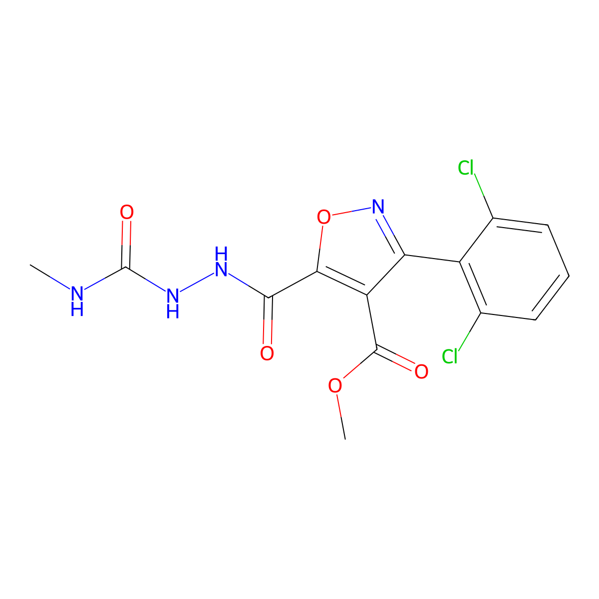 Methyl 3-(2,6-dichlorophenyl)-5-[(methylcarbamoylamino)carbamoyl]-1,2-oxazole-4-carboxylate molecular structure, CAS 287174-44-1