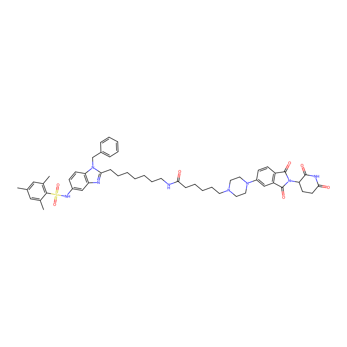 N-[7-[1-benzyl-5-[(2,4,6-trimethylphenyl)sulfonylamino]benzimidazol-2-yl]heptyl]-6-[4-[2-(2,6-dioxopiperidin-3-yl)-1,3-dioxoisoindol-5-yl]piperazin-1-yl]hexanamide molecular structure, CAS 2871774-88-6