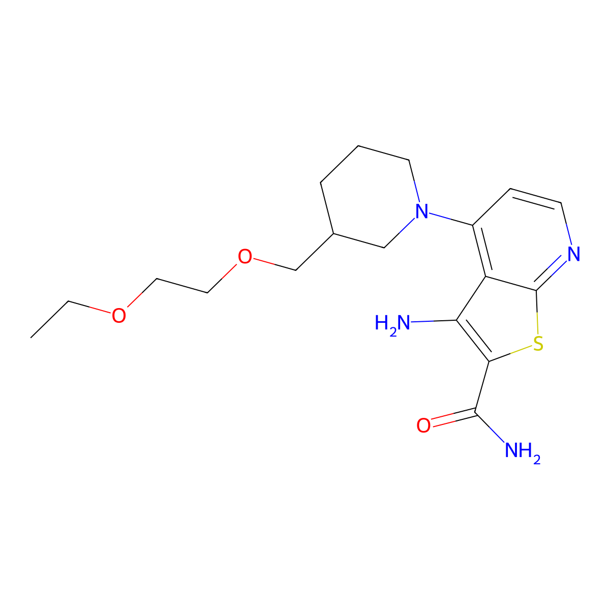 3-amino-4-[(3S)-3-(2-ethoxyethoxymethyl)piperidin-1-yl]thieno[2,3-b]pyridine-2-carboxamide molecular structure, CAS 2871872-79-4
