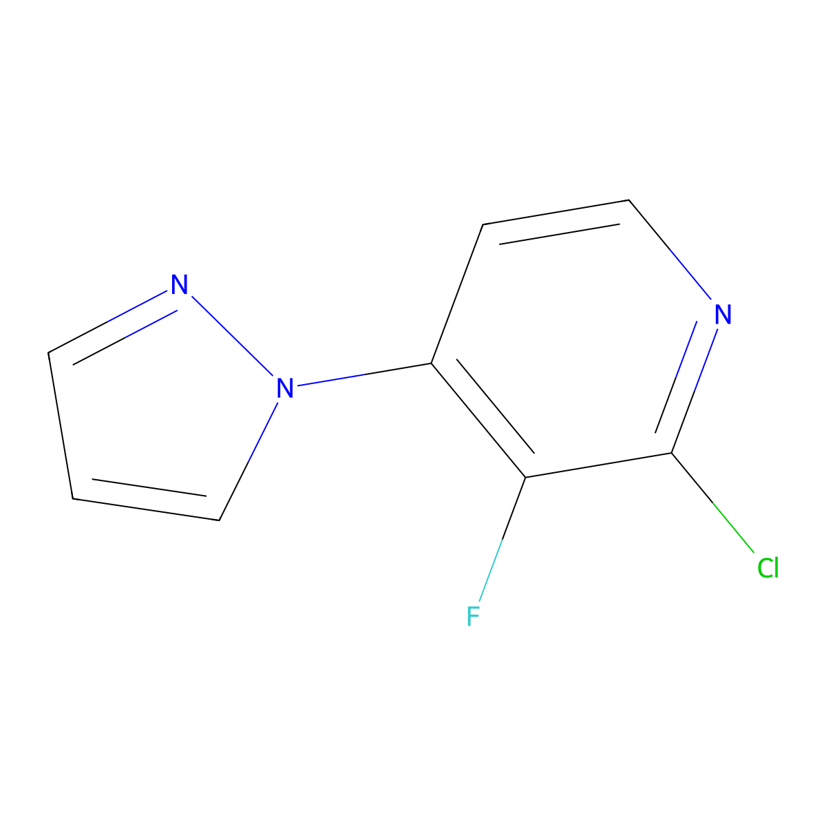 2-chloro-3-fluoro-4-(1H-pyrazol-1-yl)pyridine molecular structure, CAS 2873361-01-2