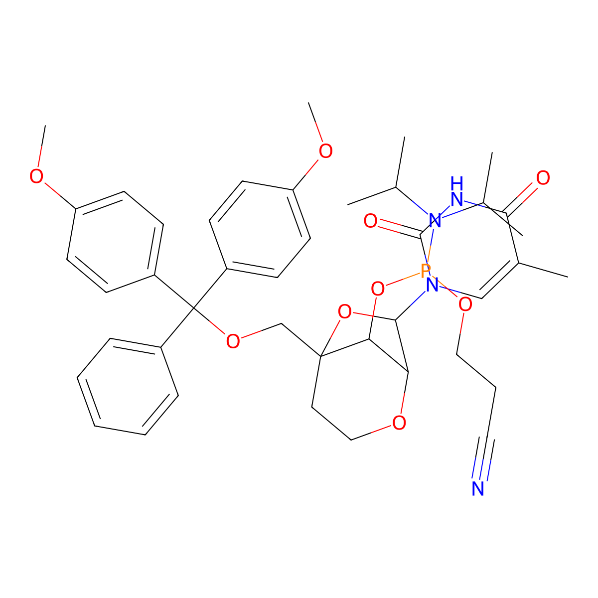 3-[[(1R,5R,7R,8S)-5-[[bis(4-methoxyphenyl)-phenylmethoxy]methyl]-7-(5-methyl-2,4-dioxopyrimidin-1-yl)-2,6-dioxabicyclo[3.2.1]octan-8-yl]oxy-[di(propan-2-yl)amino]phosphanyl]oxypropanenitrile molecular structure, CAS 287737-40-0