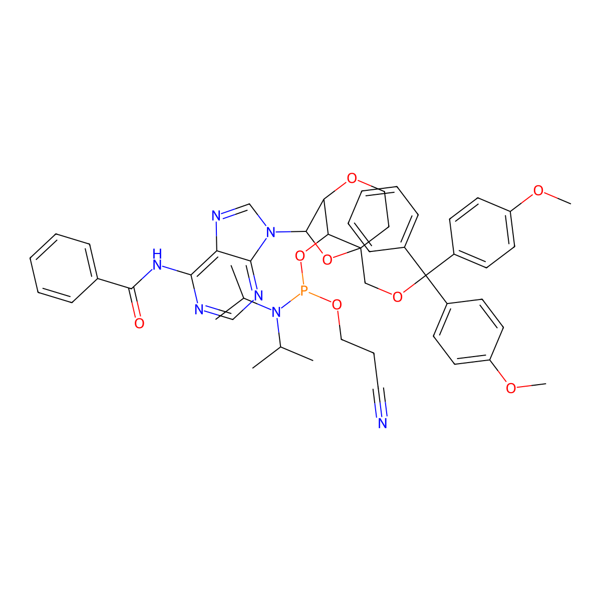 N-{9-[(1R,5R,7R,8S)-5-{[bis(4-methoxyphenyl)(phenyl)methoxy]methyl}-8-({[bis(propan-2-yl)amino](2-cyanoethoxy)phosphanyl}oxy)-2,6-dioxabicyclo[3.2.1]octan-7-yl]-9H-purin-6-yl}benzamide molecular structure, CAS 287737-45-5