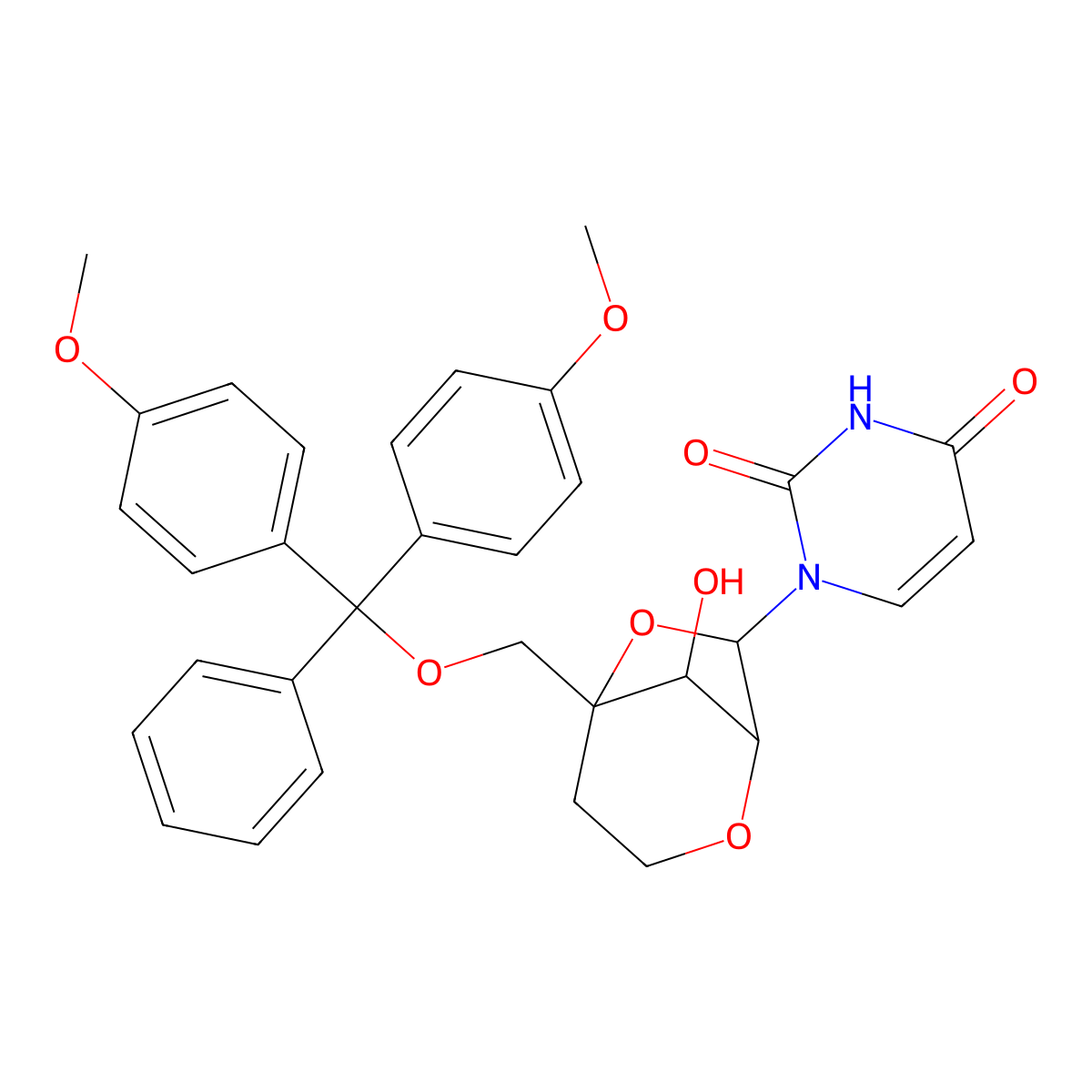 1-[(1R,5R,7R,8S)-5-[(bis(4-methoxyphenyl)(phenyl)methoxy)methyl]-8-hydroxy-2,6-dioxabicyclo[3.2.1]octan-7-yl]-1,2,3,4-tetrahydropyrimidine-2,4-dione molecular structure, CAS 287737-48-8